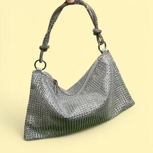 Vintage‎ Y2K Silver Rhinestone Clutch Purse w/ Zipper Closure Small Shoulder Bag